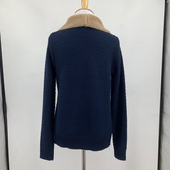 Lovestitch Cardigan Womens Small Navy Tan Faux Shearling Wide Shawl Open Front - Picture 3 of 13